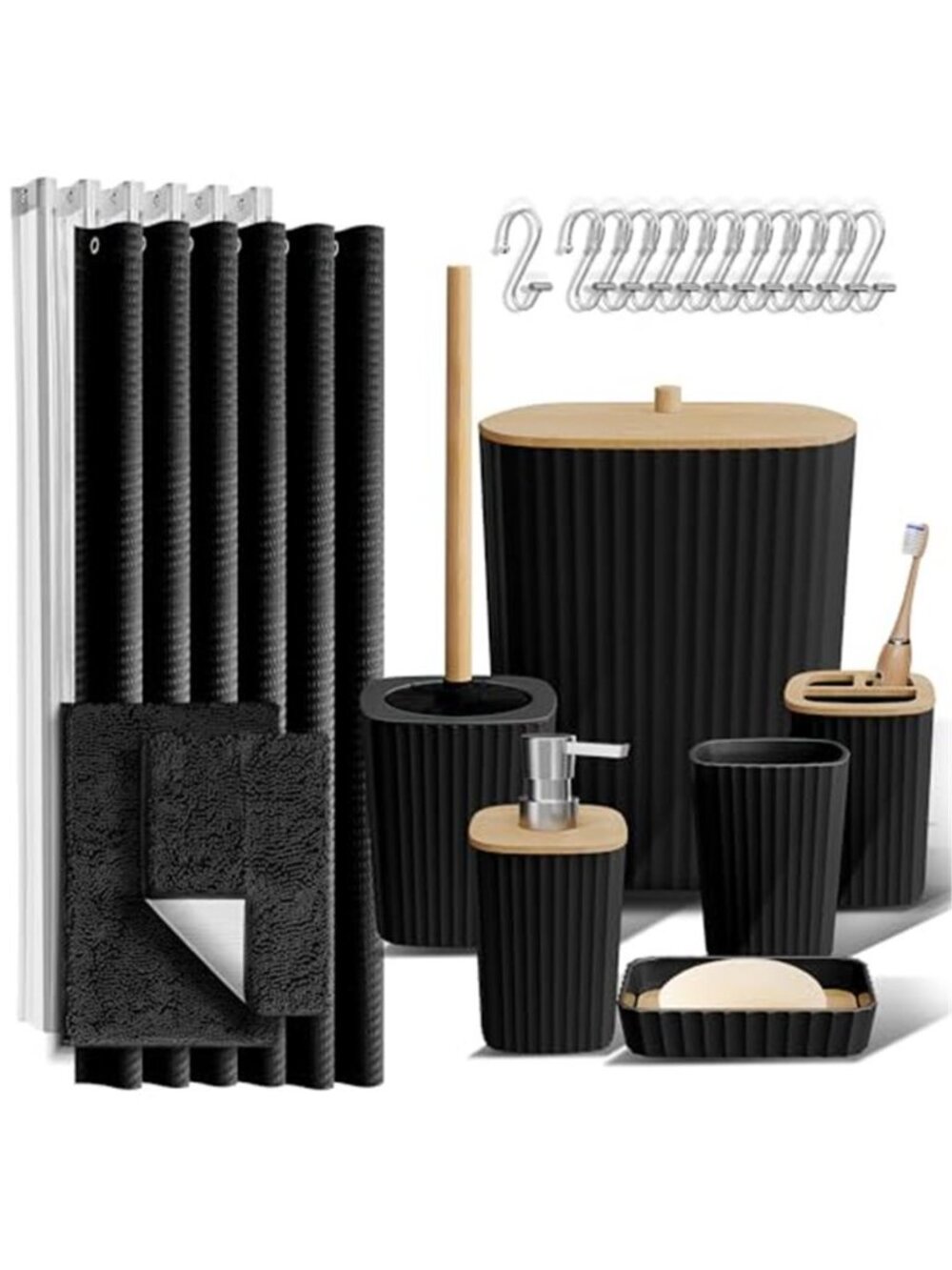 Black Bathroom Accessories Set Shower Curtain Bath Rugs Soap Dispenser Trash Can
